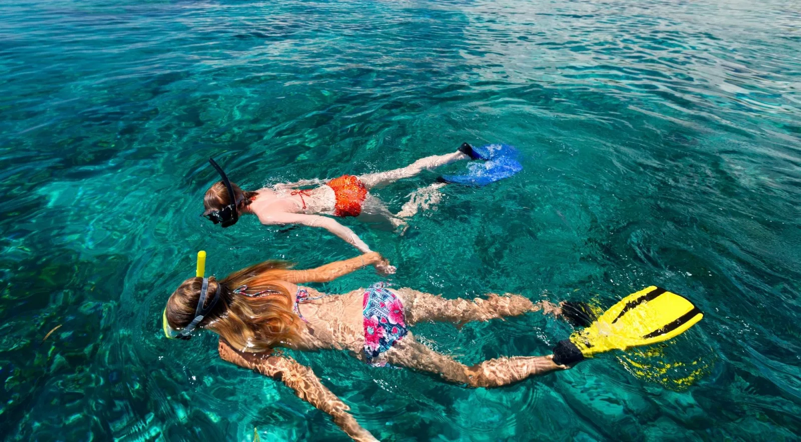 Two snorkellers in fins seen from above, swimming across clear turquoise water