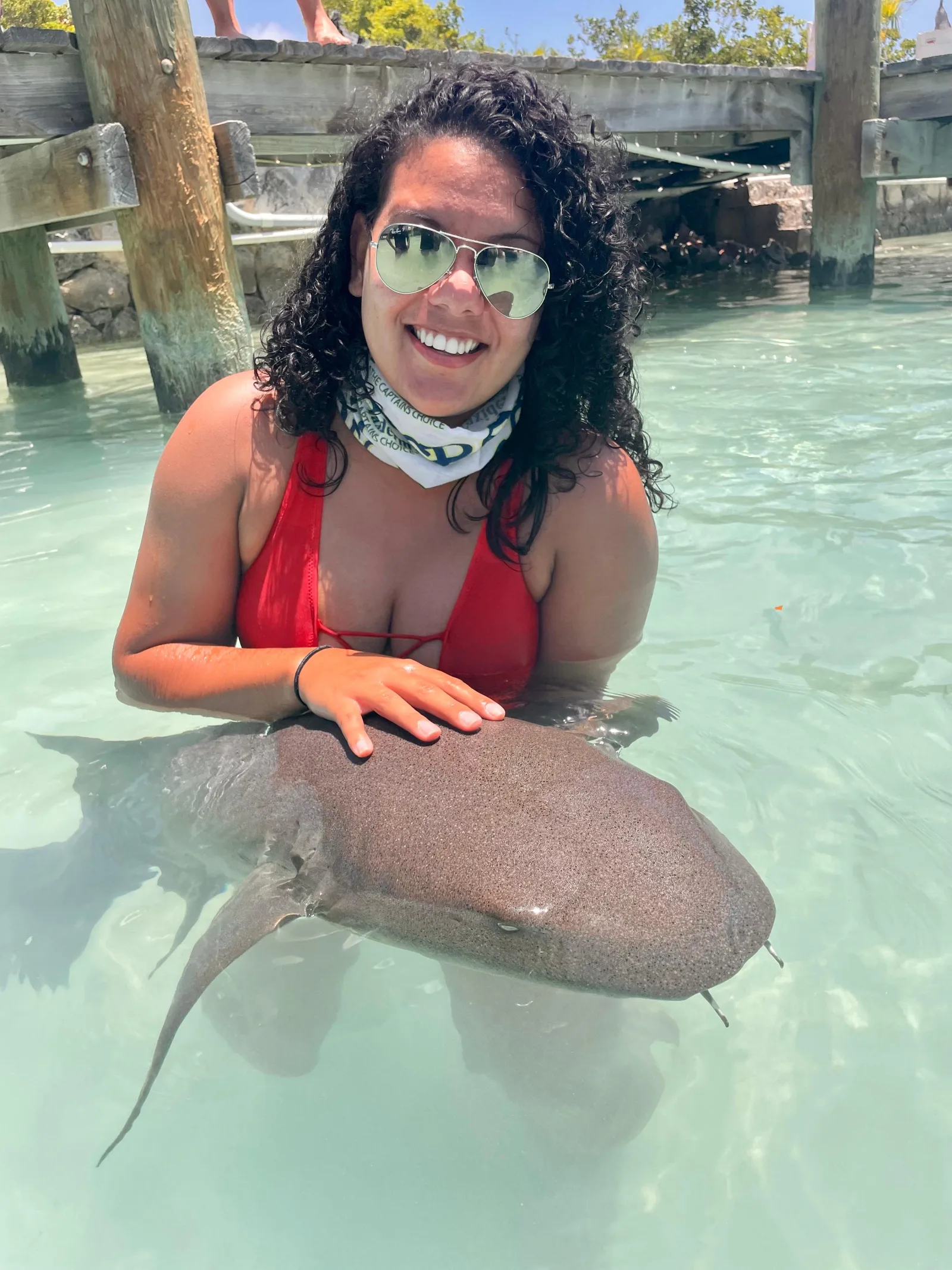A visitor standing in the shallows at Compass Cay beside a nurse shark